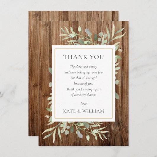Carte De Remerciements Baby shower Poème Vert Feuille Bois rustique (Devant / Derrière)