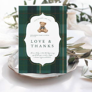 Carte De Remerciements Baby Shower Polo à carreaux avec un vieux nounours