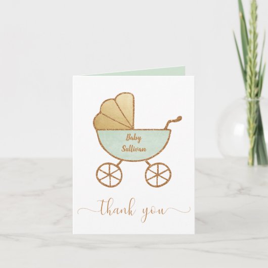 Carte De Remerciements Baby shower Retro Carriage Mint Or (Devant)