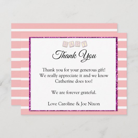 Carte de remerciements Baby shower rose (Devant / Derrière)