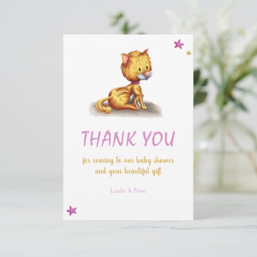 Carte De Remerciements Baby shower rose chat mignon (Debout devant)