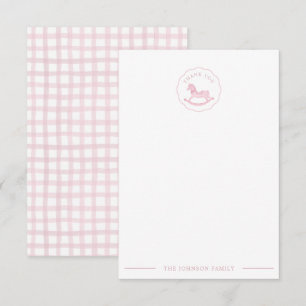 Carte De Remerciements Baby shower rosé En vichy joli Rocse Horse 
