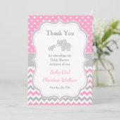 Carte De Remerciements Baby Shower Rose et Gris Éléphant (Debout devant)