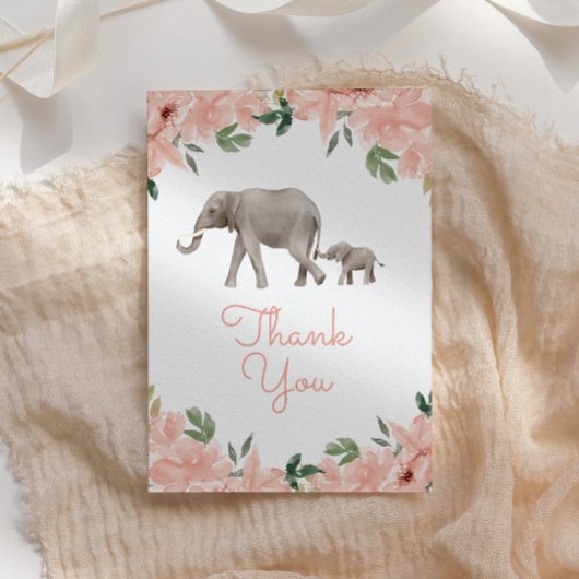 Carte De Remerciements Baby shower rose floral Eléphant fille