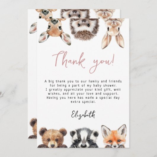 Carte De Remerciements Baby shower rose mignon des animaux de forêt (Devant / Derrière)