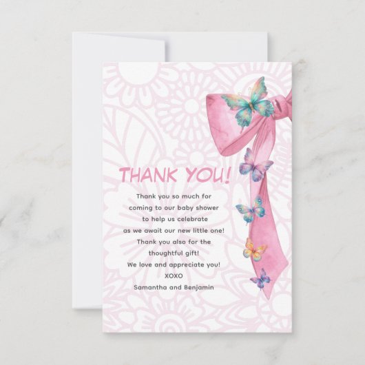 Carte De Remerciements Baby shower rose papillon (Devant)