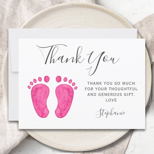 Carte De Remerciements Baby shower rose pieds bébé