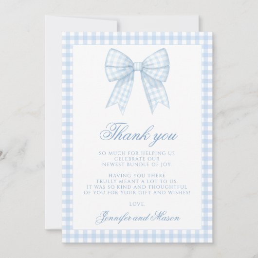 Carte De Remerciements Baby shower ruban bleu en vichy arc mignon (Devant)
