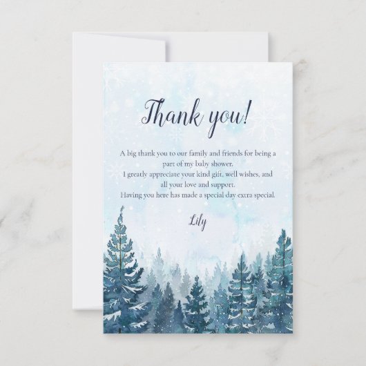 Carte De Remerciements Baby shower rustique de la forêt de pins d'hiver (Devant)