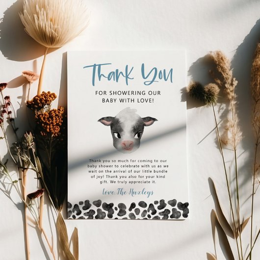 Carte De Remerciements Baby shower rustique de vache-garçon