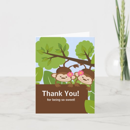 Carte De Remerciements Baby shower Safari Monkey Twins (Devant)