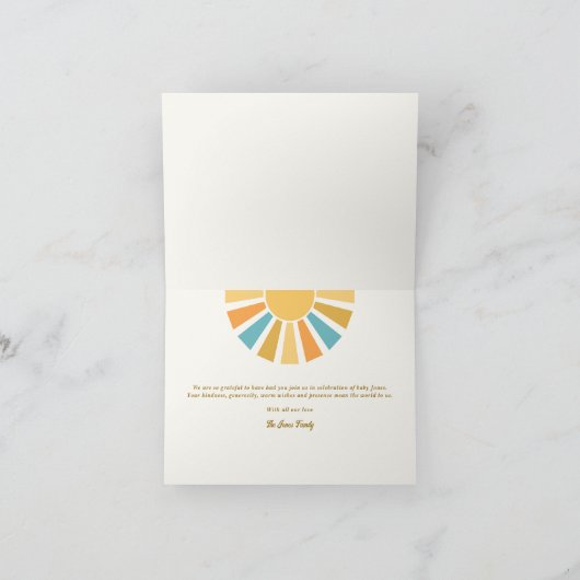 Carte De Remerciements Baby shower Soleil Venez Ici Le Fils (Intérieur)