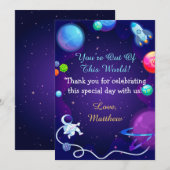Carte De Remerciements Baby shower spatial planète astronaute bleue (Devant / Derrière)