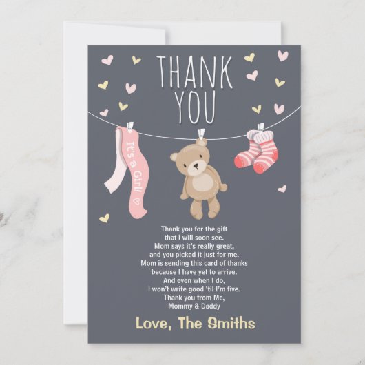 Carte De Remerciements Baby shower Teddy Bear fille rose (Devant)