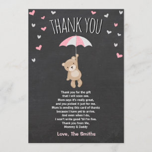 Carte De Remerciements Baby shower Teddy Bear Pink Cub