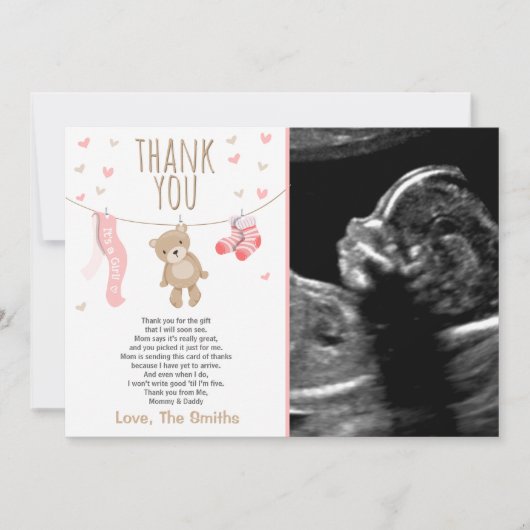 Carte De Remerciements Baby shower Teddy Bear rose (Devant)