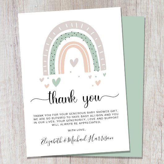 Carte De Remerciements Baby shower vert Boho Rainbow Sage