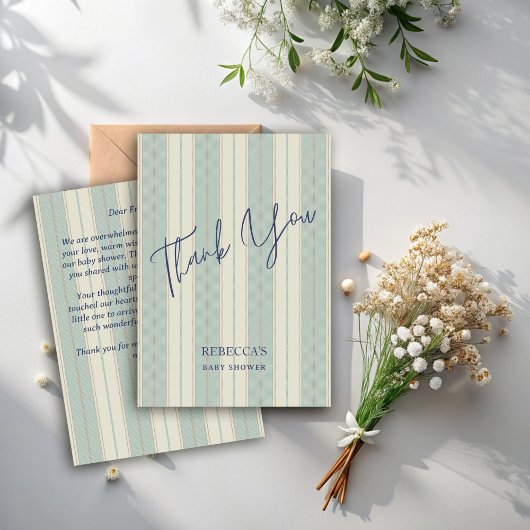 Carte De Remerciements Baby shower vintage bleu Dusty rayures rétro