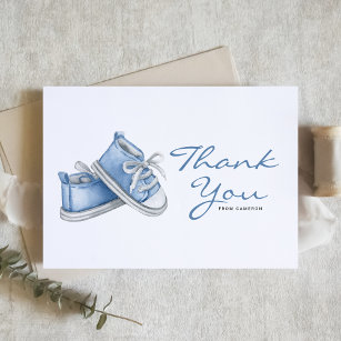 Carte De Remerciements Baby shower Watercolor Blue Baby Shoes