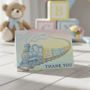 Carte De Remerciements Baby shower Whimsical du train Watercolor