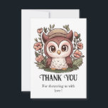Carte De Remerciements Baby shower Whimsical Lovely Owl<br><div class="desc">Partagez votre appréciation avec notre Baby shower Whimsical Lovely Owl Merci Cartes. Avec de jolies créations de choux, ces cartes ajoutent une touche de charme à votre gratitude. Faites savoir à vos invités à quel point leur présence et leurs cadeaux vous ont été offerts avec ces notes de remerciement magnifiquement...</div>