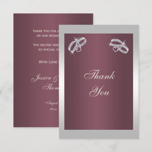 Carte De Remerciements Bagues en argent mousseux & Burgandy (Devant / Derrière)
