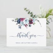 Carte De Remerciements Baie Élégante, Floral Bleu et Bourgogne Remercieme (Debout devant)