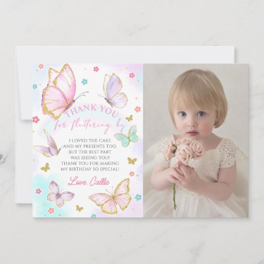 Carte De Remerciements Baisers de papillon Fille Photo d'anniversaire (Devant)