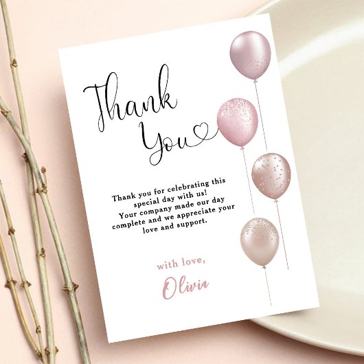 Carte De Remerciements Ballons Blush fille premier anniversaire