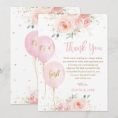 Carte De Remerciements Ballons Fleuris Rose Pâle Dorés Baby Shower Fille (Devant / Derrière)