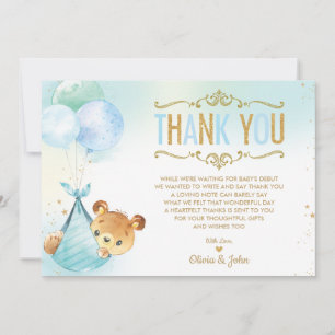 Carte De Remerciements Ballons Ourson Garçon Fête Prénatale Gâteau Baby S