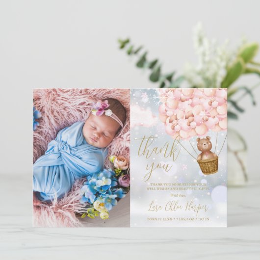 Carte De Remerciements Ballons roses mignons Ours Bébé hiver Photo (Debout devant)