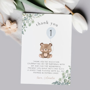 Carte De Remerciements Balloon bleu vert Teddy Bear Premier anniversaire