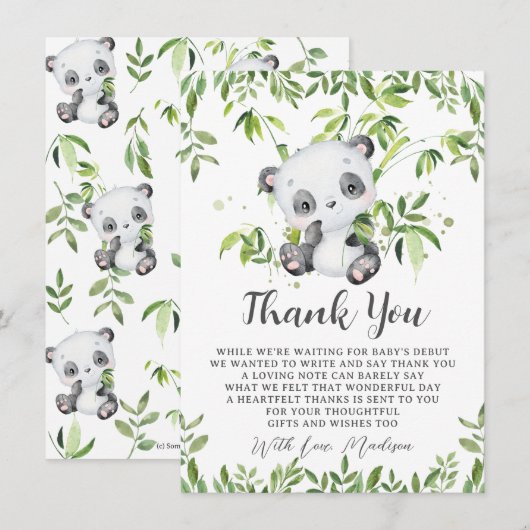 Carte De Remerciements Bambou de l'ourson Panda mignon pour Baby Shower (Devant / Derrière)