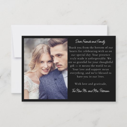 Carte De Remerciements Bande photo design Blanc moderne sur Mariage noir (Dos)