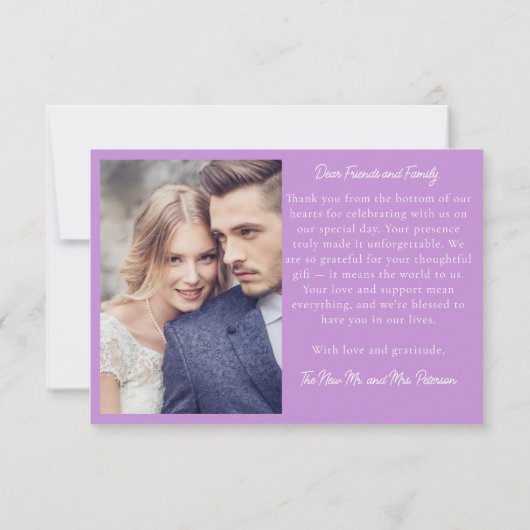 Carte De Remerciements Bande photo design Mariage Lavande moderne Lilac (Dos)