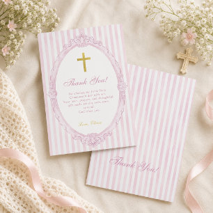 Carte De Remerciements Bandes roses Élégant Baptême de fille vintage