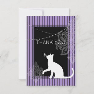 Carte De Remerciements Bandes violettes et noires, et chat blanc