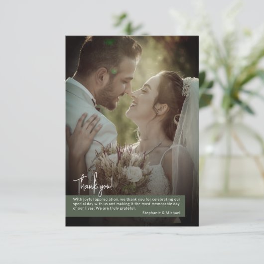 Carte De Remerciements Bannière de mariage élégante vert foncé mousse pho (Debout devant)