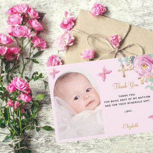 Carte De Remerciements Baptême arche photo blush rose fille floral