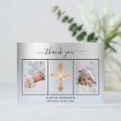 Carte De Remerciements Baptême argent clair bleu bébé script photo garçon (Debout devant)