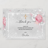 Carte De Remerciements Baptême argent parties scintillant rose fleurs pho (Devant / Derrière)