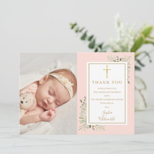 Carte De Remerciements Baptême Baptême Vert Vert rose pâle Photo (Debout devant)