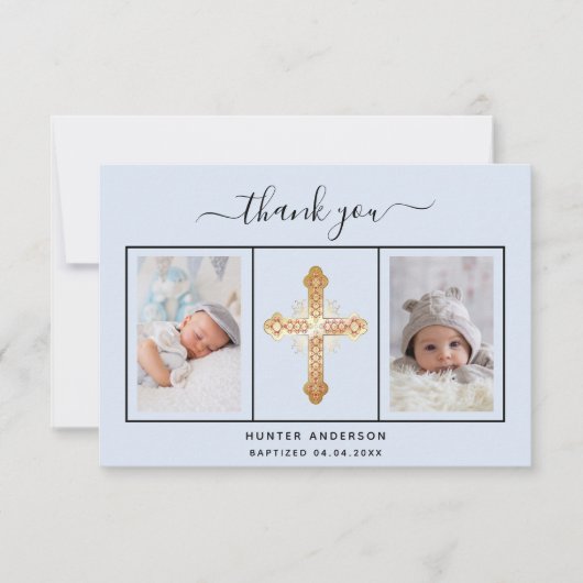Carte De Remerciements Baptême bleu clair script photo bébé garçon (Devant)