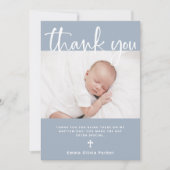 Carte De Remerciements Baptême | Bleu minimal simple avec photo (Devant)