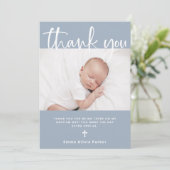 Carte De Remerciements Baptême | Bleu minimal simple avec photo (Debout devant)