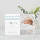 Carte De Remerciements Baptême Bleu Photo Stripes Classique (Debout devant)