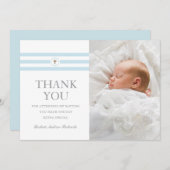 Carte De Remerciements Baptême Bleu Photo Stripes Classique (Devant / Derrière)