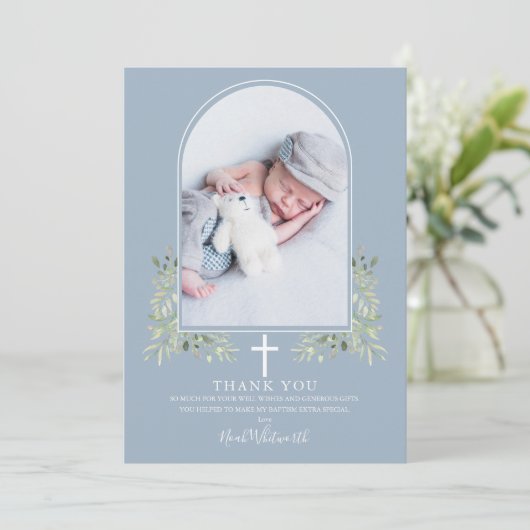 Carte De Remerciements Baptême bleu poussiéreux Arc vert (Debout devant)