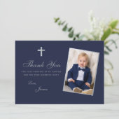 Carte De Remerciements Baptême Boy Photo Faux Silver Navy Bleu Script (Debout devant)